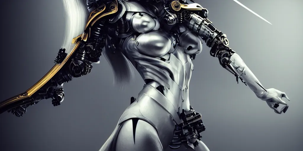 Image similar to insanely detailed rendering of a beautiful sci-fi female cyborg samurai holding a black katana, with brilliant silver flowing hair, beautiful gold eyes , cinematic light, dark environment, by Arturo Vázquez, michael weisheim, trending on artstation, ultrarealistic 3d digital rendering, 4k, high quality