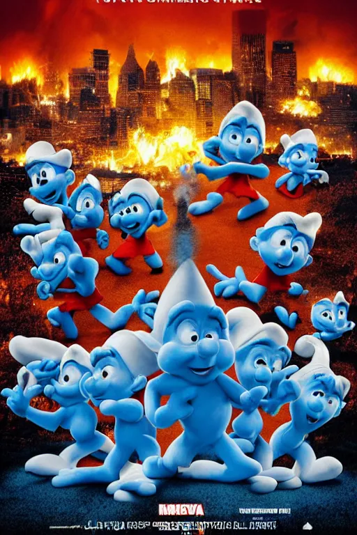 Image similar to Movie poster for The Smurfs: Remembering 9/11, twin towers, explosion