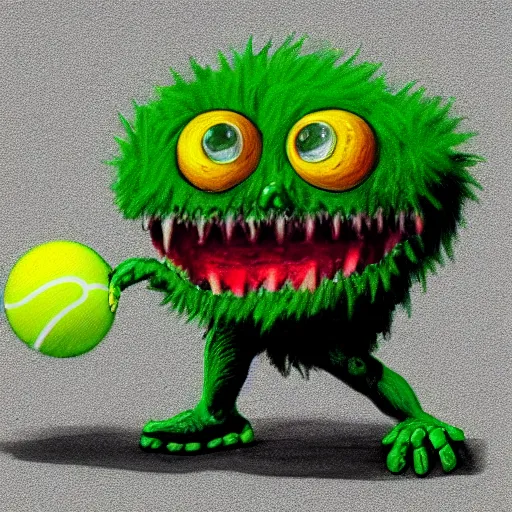 Image similar to a tennis ball monster ,tennis ball, chalk, digital art, fantasy, magic, trending on artstation, ultra detailed, professional illustration by Basil Gogos