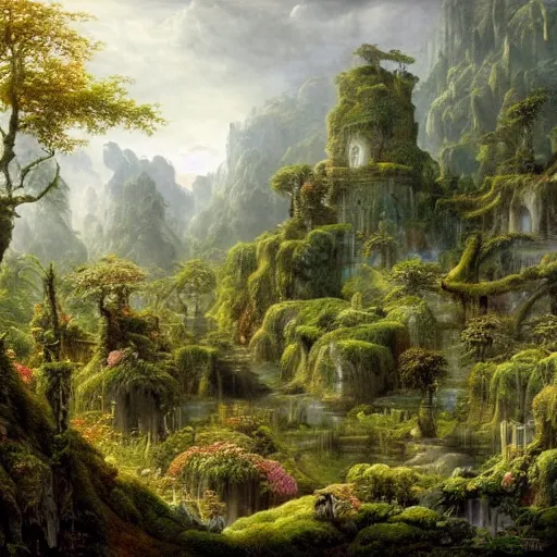 Image similar to a beautiful and highly detailed matte painting of a magical garden in a lush forest deep in an epic mountain range, intricate details, epic scale, insanely complex, 8 k, sharp focus, hyperrealism, by caspar friedrich,