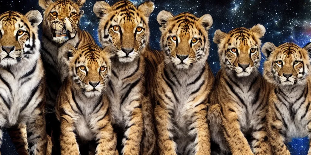 Image similar to Group photo of 4 animals (tiger, lion, cheetah, puma) in spacesuits before going to space. Highly detailed picture, movie scene.