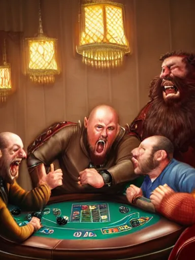 Image similar to guys yelling during a poker match. angry, intricate, elegant, highly detailed, digital painting, artstation, concept art, sharp focus, illustration, by justin gerard and artgerm, 8 k