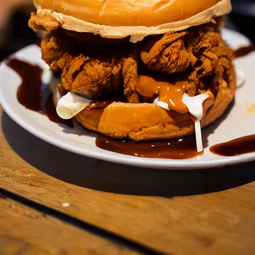 Prompt: fried chicken sandwich with Belgian Waffle Bun, maple syrup & hot fudge, ice cream on the side, 4K, HD