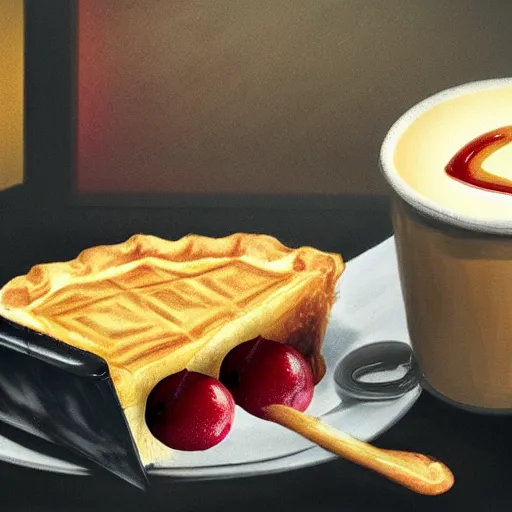 Image similar to detail, black coffee and a cherry pie in twin peaks cafe, artstation style, surrealist style, David Lynch style