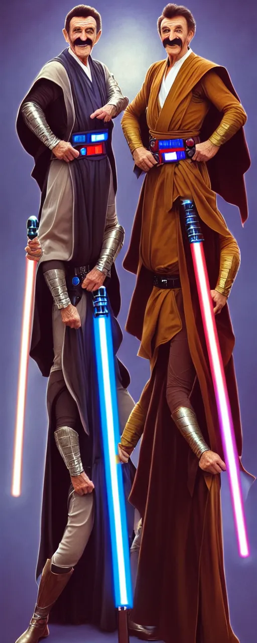 Prompt: full body photo of paul chuckle standing next to barry chuckle dressed as jedi knights holding lightsabers, intricate, elegant, highly detailed, cinestill, digital painting, artstation, led dramatic lighting, concept art, matte, sharp focus, illustration, art by da vinci, artgerm and greg rutkowski and alphonse mucha