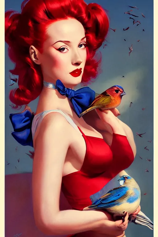 Image similar to hyper realistic painting, tasteful pinup girl, fashionable red hair, holding an indigo bunting, bird, the bird is wearing a bowtie, by greg rutkowski, rossdraws, gil elvgren, enoch bolles, anime, porcelain skin, very coherent