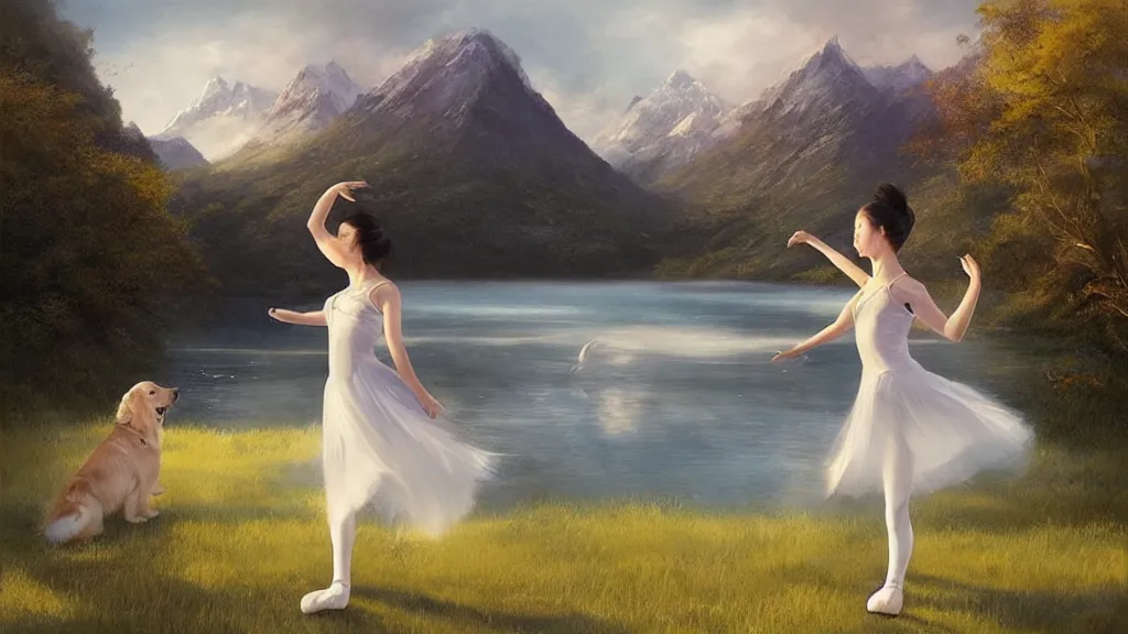 Image similar to “ a asian ballet girl dances with a white golden retriever, besides a small wooden red cottage by the lake, mountains in the background, soft lighting, sunny day, by charlie bowater, by greg rutkowski ”