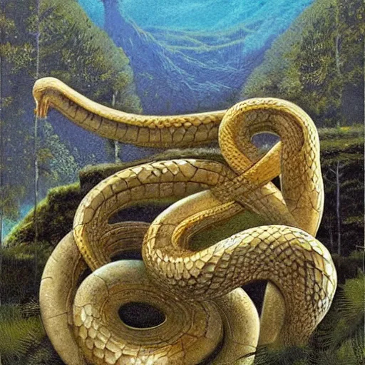 Image similar to lavish by emile galle, by michael whelan ancient roman. a beautiful land art of a snake eating its own tail that seems to go on forever.