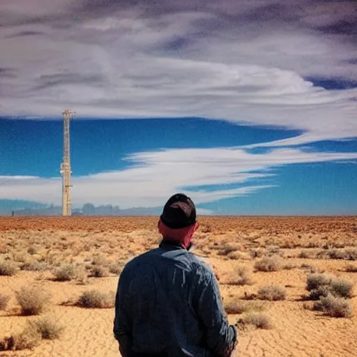 Prompt: “Walter white covered in milk, in the desert, desert, Walter white, with burning oil rigs in the background, 8K”