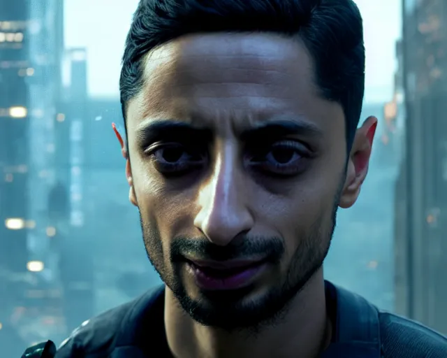 Image similar to highly detailed portrait of riz ahmed as an android, in detroit : become human, stephen bliss, unreal engine, fantasy art by greg rutkowski, loish, rhads, ferdinand knab, makoto shinkai and lois van baarle, ilya kuvshinov, rossdraws, tom bagshaw, global illumination, radiant light, detailed and intricate environment