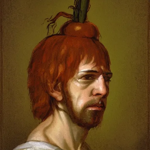 Prompt: carrot man portrait, baroque painting, head is a carrot, smug face