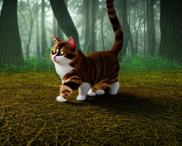 Image similar to a hyperrealistic 3 d render of an evil cat in a haunted forest, extreme wide shot