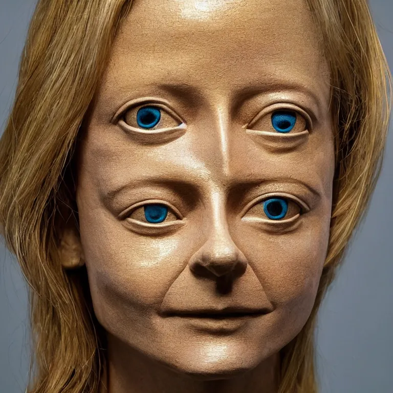 Prompt: studio photograph of colorful postmodern portrait sculpture of jodie foster, beautiful symmetrical!! face accurate face detailed face realistic proportions, made of spray - painted beeswax on a pedestal by ron mueck and matthew barney and greg rutkowski, hyperrealism cinematic lighting shocking detail 8 k