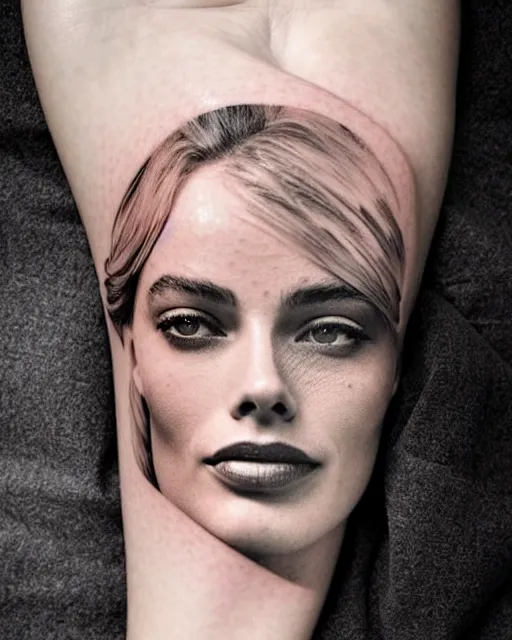 Image similar to creative double exposure effect tattoo design sketch of margot robbie face blended in beautiful mountain scenery, realism tattoo, in the style of matteo pasqualin, amazing detail, sharp