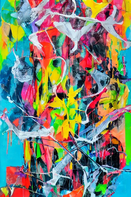 Prompt: abstract expressionist painting, paint drips, acrylic, wildstyle, clear shapes, maximalism, smeared flowers, origami cranes, oil pastel gestural lines, large triangular shapes