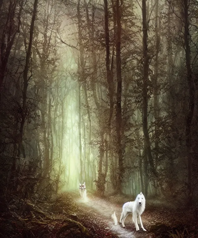 Prompt: a realistic white wolf, walking through a psychedelic forest, wide angle landscape shot, by national geographic and tom bagshaw