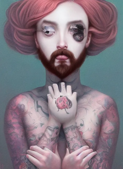 Image similar to pop surrealism, lowbrow art, realistic cute man with beard painting, japanese street fashion, hyper realism, muted colours, rococo, natalie shau, loreta lux, tom bagshaw, mark ryden, trevor brown style,