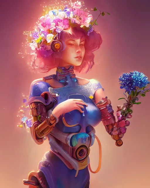 Prompt: kind cyborg girl with flowers, elegant, utopia, garden, colorful, vibrant, dreamy, illustration, atmosphere, top lighting, blue eyes, focused, artstation, highly detailed, art by yuhong ding and chengwei pan and serafleur and ina wong