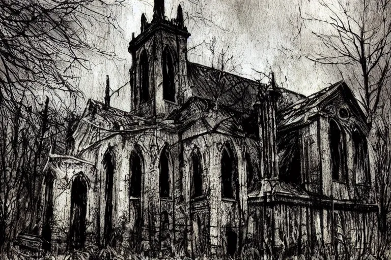 Image similar to mad horror painting of a old church in the woods by ben templesmith