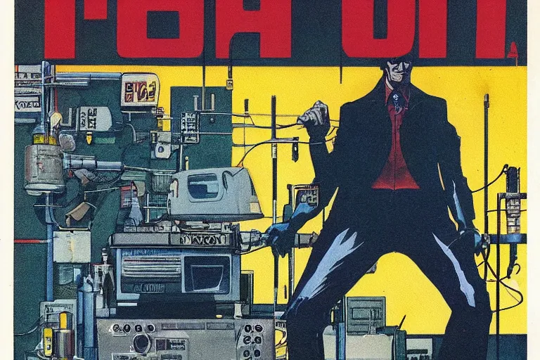 Image similar to 1979 OMNI Magazine Cover depicting a large tall Mr Hyde standing in a laboratory. Cyberpunk Akira style by Vincent Di Fate