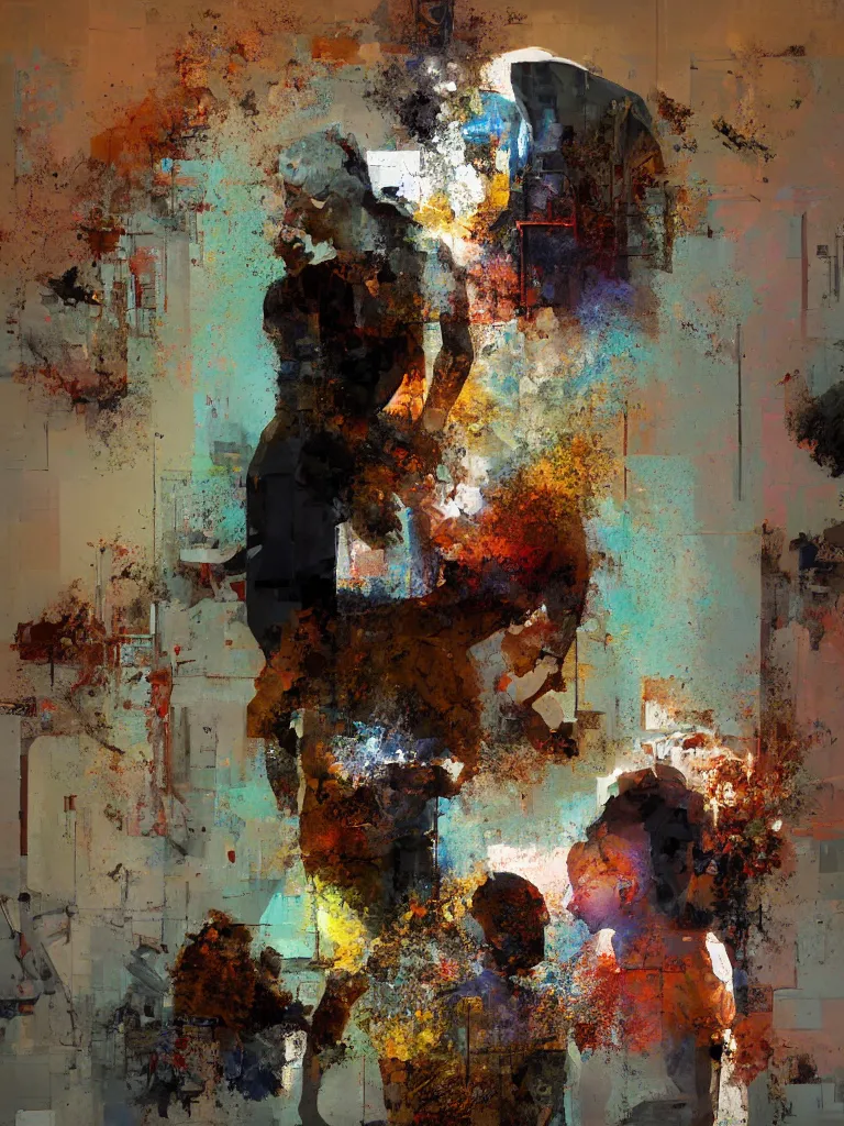 Prompt: a beautiful painting by alex kanevsky and christian hook of a couple in a glitched bathroom, metal rust and plaster materials, pixel sorting, color bleeding, brushstrokes by jeremy mann