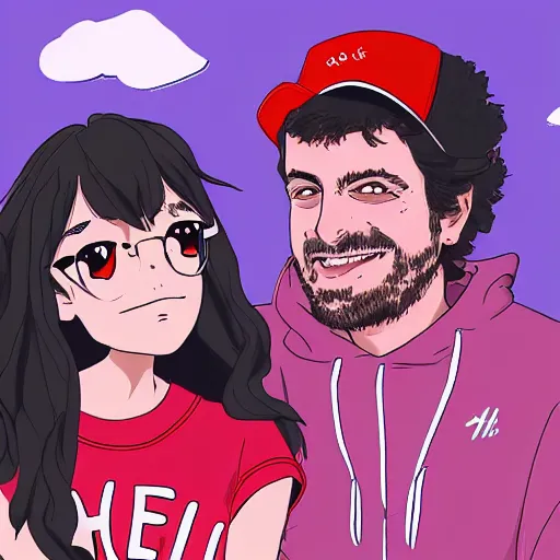 Image similar to hila klein holding hands with ethan klein, anime style, digital art, cute, teddy fresh