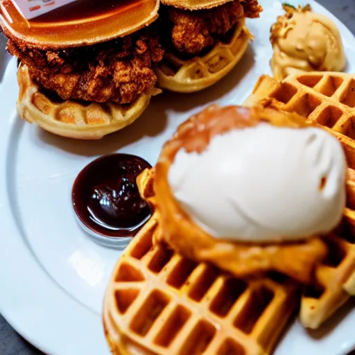 Image similar to photograph of a crispy Cajun fried chicken sandwich with Belgian Waffle Bun, maple syrup & hot fudge, ice cream on the side, 4K, HD