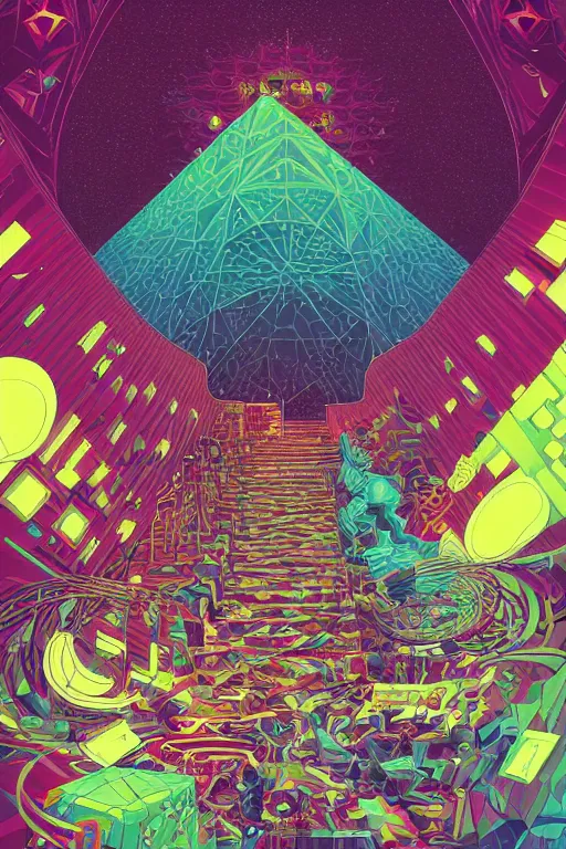 Prompt: a drawing of a room with a staircase, psychedelic art, op art, isometric, voxel art, poster art by victo ngai, ori toor, kilian eng, behance contest winner, crystal cubism, poster art, cubism, tarot card, psychedelic art, concert poster, poster art, maximalist