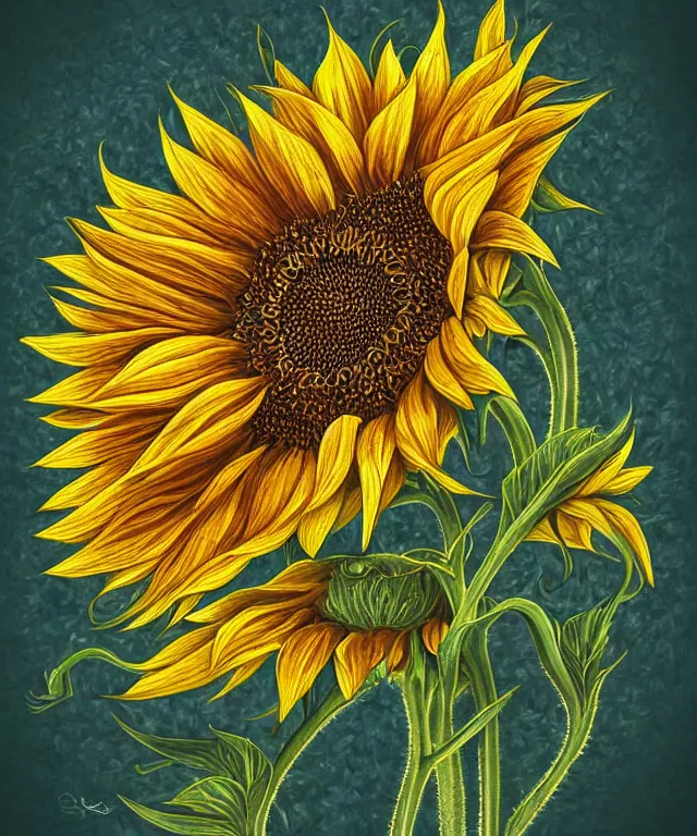 Image similar to perfectly detailed sunflowers, symmetrical, intricate, highly detailed, digital painting, smooth, sharp focus, illustration