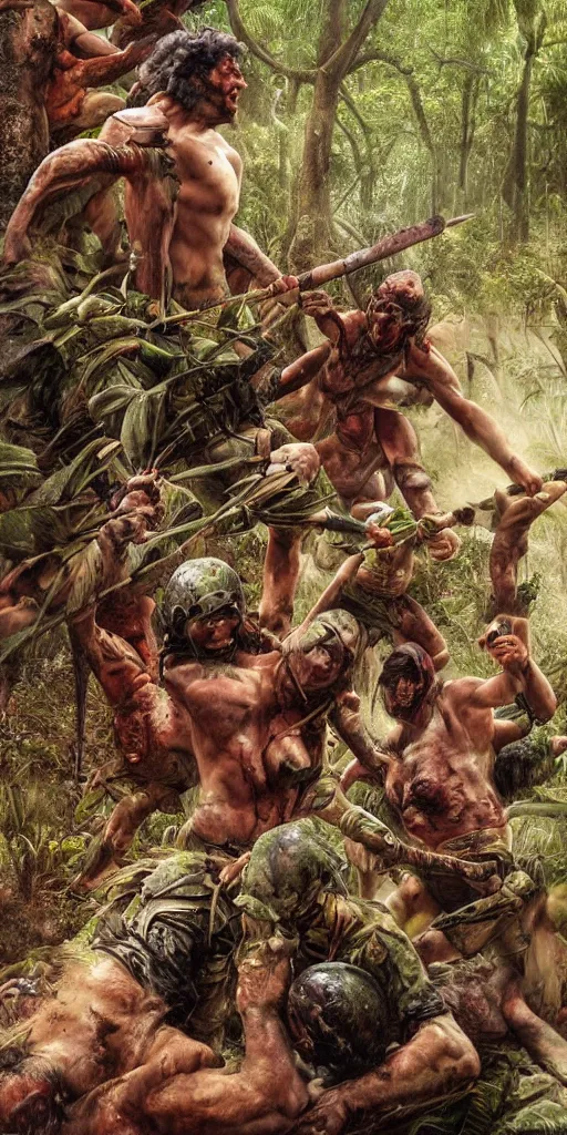 Prompt: editorial photo of brutal battle in layered jungle, big heavy warriors and small Amazonians climbing onto another and fight, epic,three point perspective, vintage, blood, slight inspiration of Boris vallejo and apocalypto, war photography