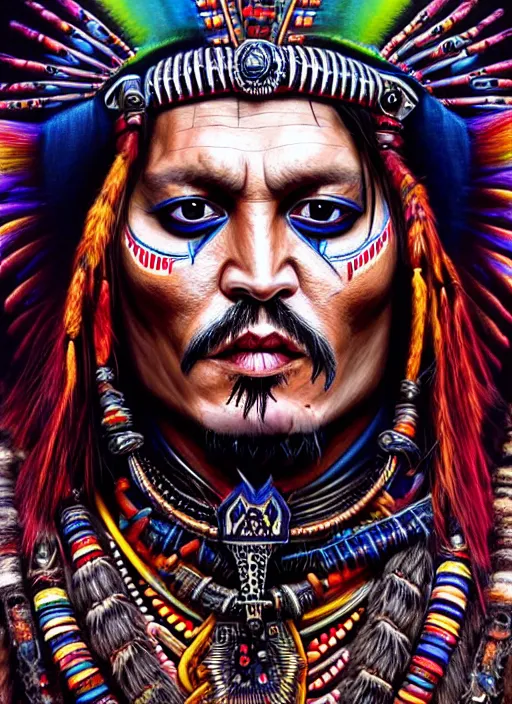 Image similar to portrait of johnny depp, hyper detailed ultra sharp aztec shaman warrior. trending on artstation, warpaint aesthetic, bloodwave, colorful, psychedelic, ornate, intricate, digital painting, concept art, smooth, sharp focus, illustration, art by artgerm and greg rutkowski and h. r. giger, 8 k