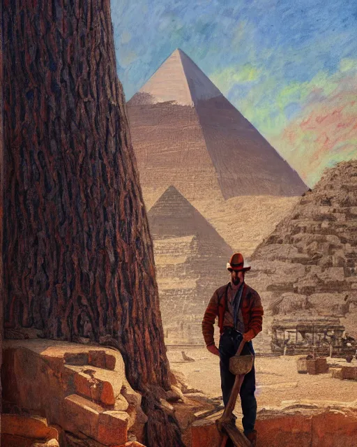 Prompt: detailed painting of an american lumberjack in front of the gizeh sphinx of egypt, deep focus, good lighting, rules of composition, intricate, greg rutkowski, magali villeneuve and monet