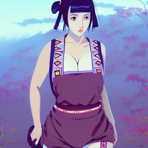 Image similar to a beautiful plus sized model japanese natalie portman, alluring plus sized model, wearing mayan leotard with elegant mayan apron overalls, street fashion hip hop style with mayan patterns, aztec street fashion, gapmoe yandere grimdark, trending on pixiv fanbox, painted by greg rutkowski makoto shinkai takashi takeuchi studio ghibli, akihiko yoshida