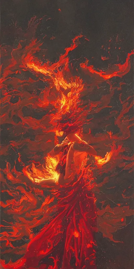 Image similar to shaman dancing under a rain of fire and ruby, art by Hirano Miho and Kotak Bella and Kawase Hasui and Keene Lisa, Trending on artstation