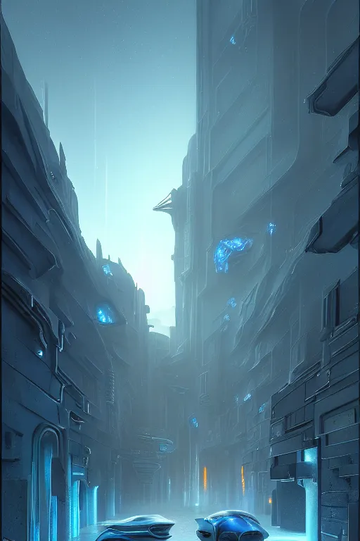 Image similar to emissary futuristic cityscape with blue street lamps, windows lit, stone marble sculptures in a courtyard, by tim blandin and arthur haas and bruce pennington and john schoenherr, cinematic matte painting, zaha hadid building, photo realism, dark moody color palate, blue hour stars, desolate glacial landscape,