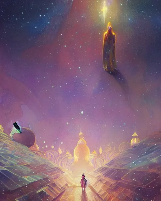 Image similar to bedouin in galaxy walking towards mosque surrounded by nebula, highly detailed, gold filigree, romantic storybook fantasy, soft cinematic lighting, award, disney concept art watercolor illustration by mandy jurgens and alphonse mucha and alena aenami, pastel color palette, featured on artstation