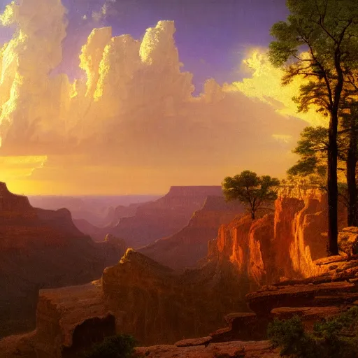 Prompt: A beautiful ultradetailed realistic matte painting of the Grand Canyon by Albert Bierstadt, Emanuel Leutze, and George Caleb Bingham, wallpaper 4K, sunset