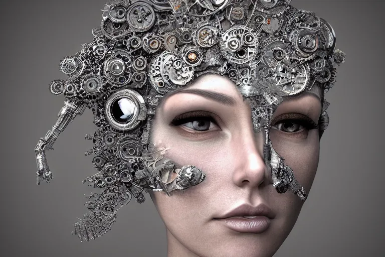 Image similar to beautiful frontal face portrait of a cute queen female cyborg, 150mm, chromatic aberration, Mandelbrot fractal, symmetric, steampunk, silver mechanical, intricate, elegant, highly detailed, ornate, ornament, sculpture, elegant , luxury, beautifully lit, ray trace, octane render in the style of peter gric and Alex grey,8K artistic photography, photo-realistic art station