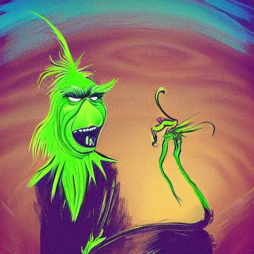 Prompt: “the grinch painted by Salvador Dali in the psychedelic desert , Disney art style xtencio Halloween night.”