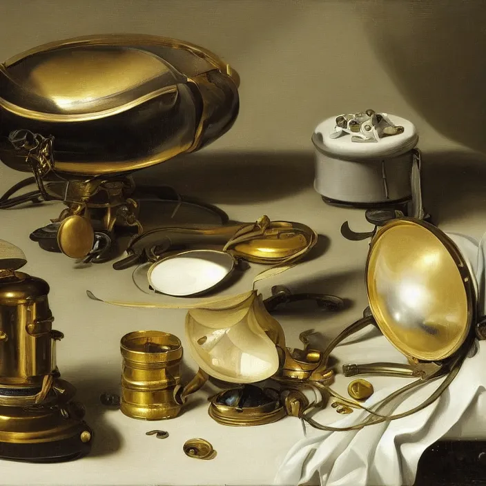 Image similar to still life painting of alien technology by pieter claesz, oil on canvas, strong lighting, highly detailed, hyper realism, golden hour, god rays, hd, 4 k