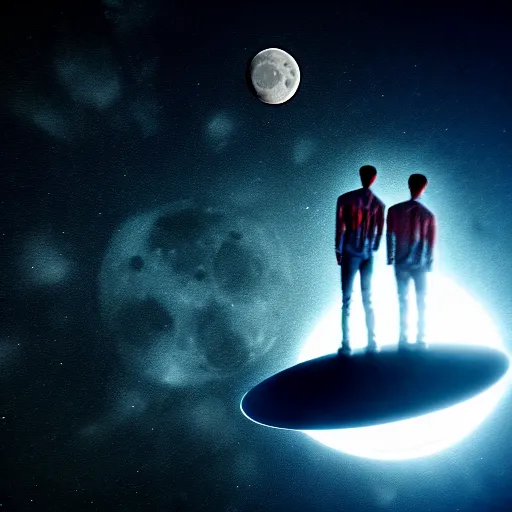 Image similar to a gay couple floating in space looking at the moon from up close, science fiction industrial hard science concept art, 8 k render octane high definition cgsociety