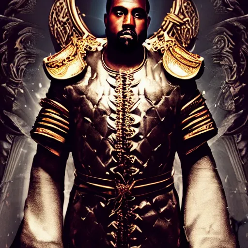 Image similar to Portrait of Kanye West as the god-emperor of mankind, amazing splashscreen artwork, splash art, natural light, elegant, intricate, fantasy, atmospheric lighting, cinematic, matte painting