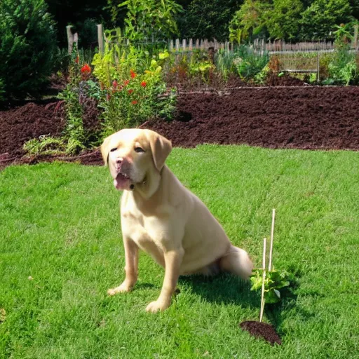 Prompt: dog yellow english lab gardening