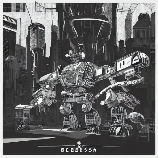 Image similar to Mcbess designed cyberpunk aesthetic TOOL album cover art of a giant mech warrior. 3D octane.