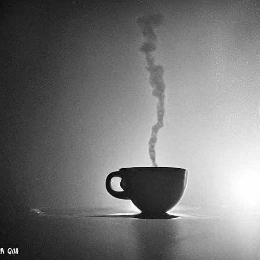 Prompt: a cracked mug of coffee with a led zepplin concert happening on the rim, macro, stage fog, steam, stage lighting