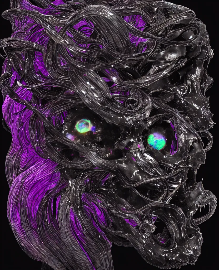 Prompt: fully black background. background hex 000000. goddess princess face close-up portrait ram skull. made of dichroic obsidian. jellyfish phoenix head, nautilus, orchid, skull, betta fish, bioluminiscent creatures, intricate artwork by Tooth Wu and wlop and beeple. octane render, trending on artstation, greg rutkowski very coherent symmetrical artwork. cinematic, hyper realism, high detail, octane render, 8k