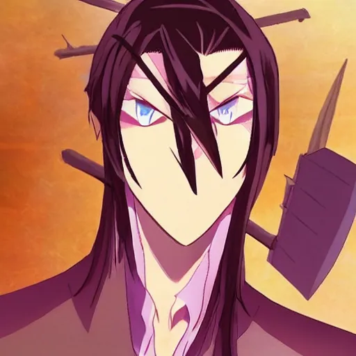 Image similar to a man who is tall yet slender - waisted, sports an eye patch, has long hair tied back, and emits a deadly aura not unlike a dagger's edge