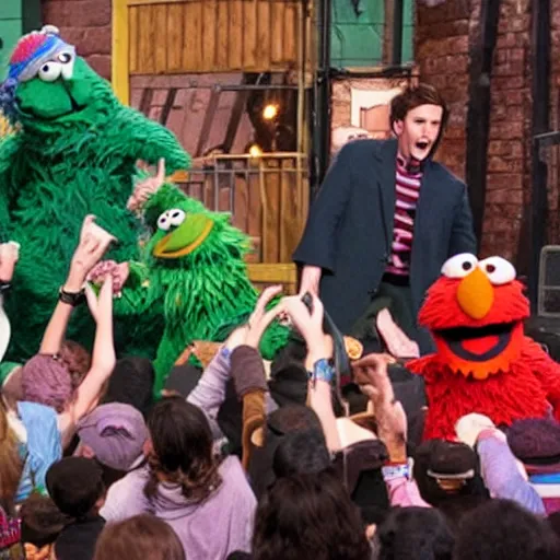 Prompt: a huge mosh - pit breaks out on the set of sesame street