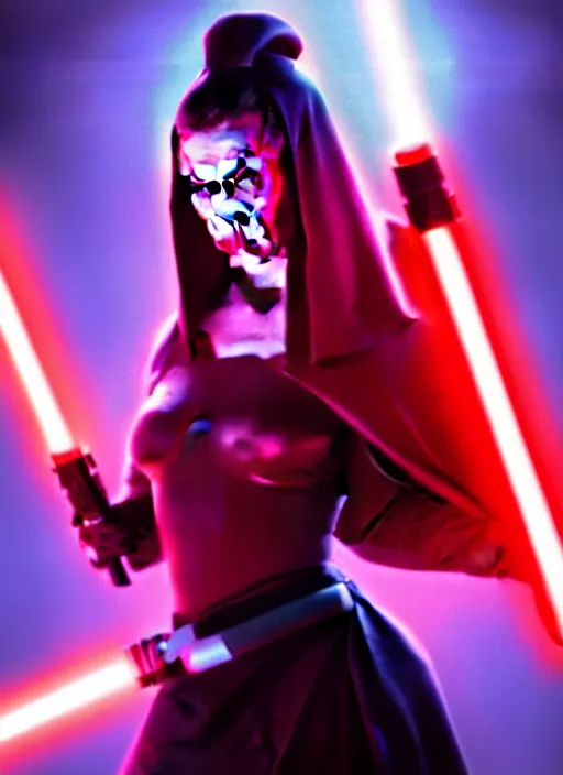 Image similar to Photo of Sith Ariana Grande with a red light saber, Star Wars concept art, trending on artstation, dramatic lighting, photo-realistic