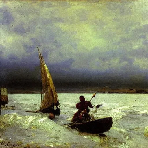 Prompt: storm on the volga, oil on canvas, ilya repin, 1 8 7 3